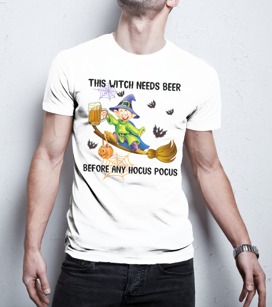 This Witch Needs Beer Before Any Hocus Pocus Dopey Character Broomstick Halloween Bats Spiders T-Shirt