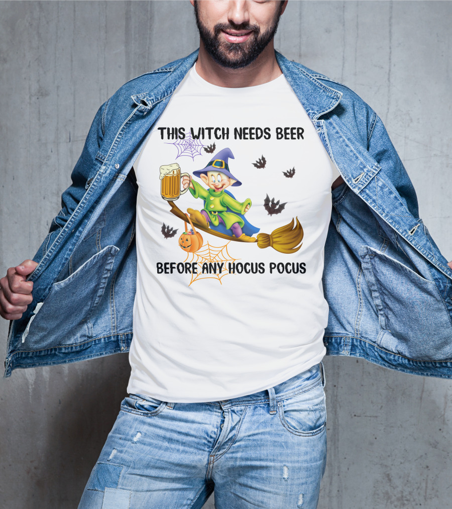 This Witch Needs Beer Before Any Hocus Pocus Dopey Character Broomstick Halloween Bats Spiders T-Shirt