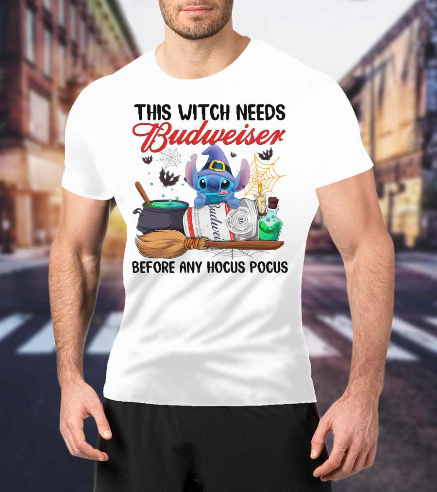 This Witch Needs Budweiser Before Any Hocus Pocus Stitch T-Shirt
