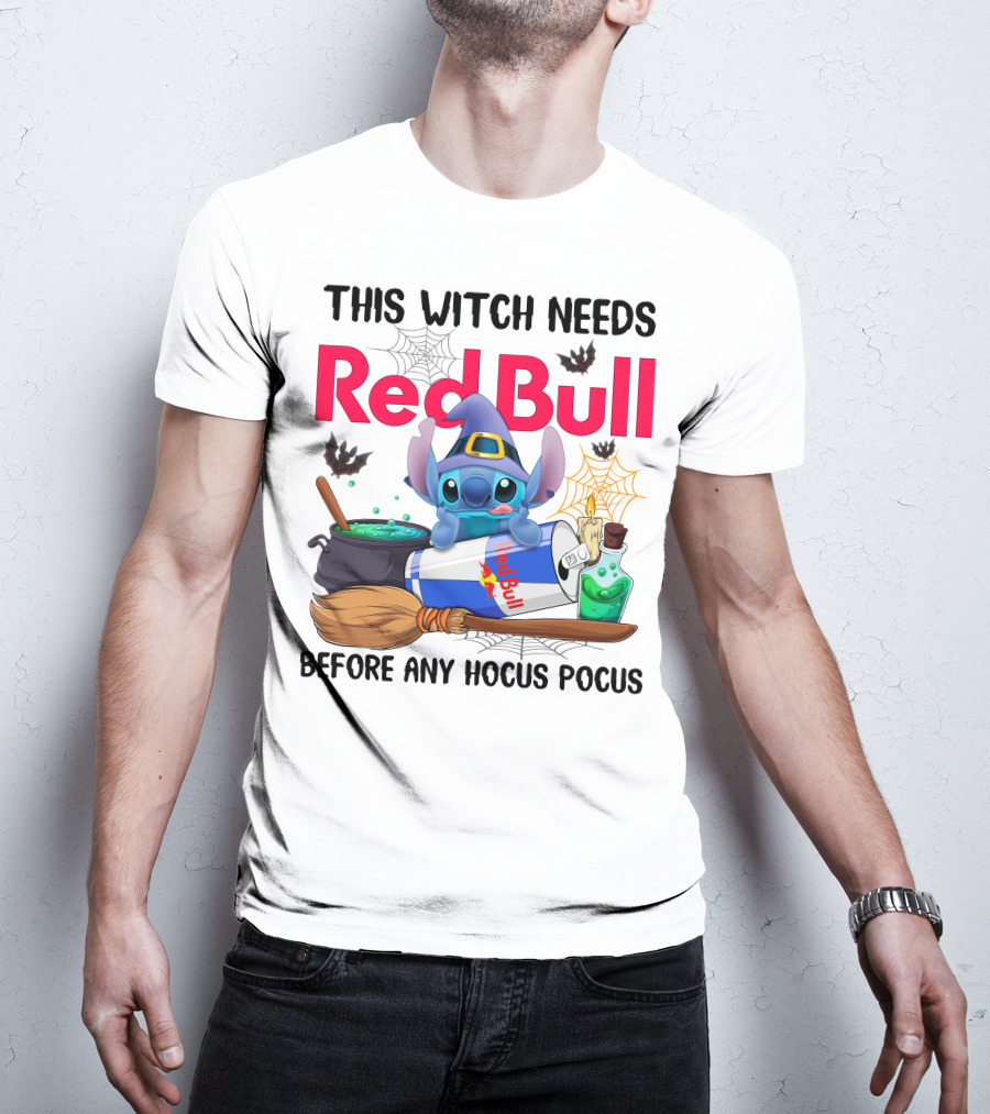 This Witch Needs Red Bull Before Any Hocus Pocus Stitch Wearing Witch Hat With Red Bull Can Cauldron And Spell Book T-Shirt