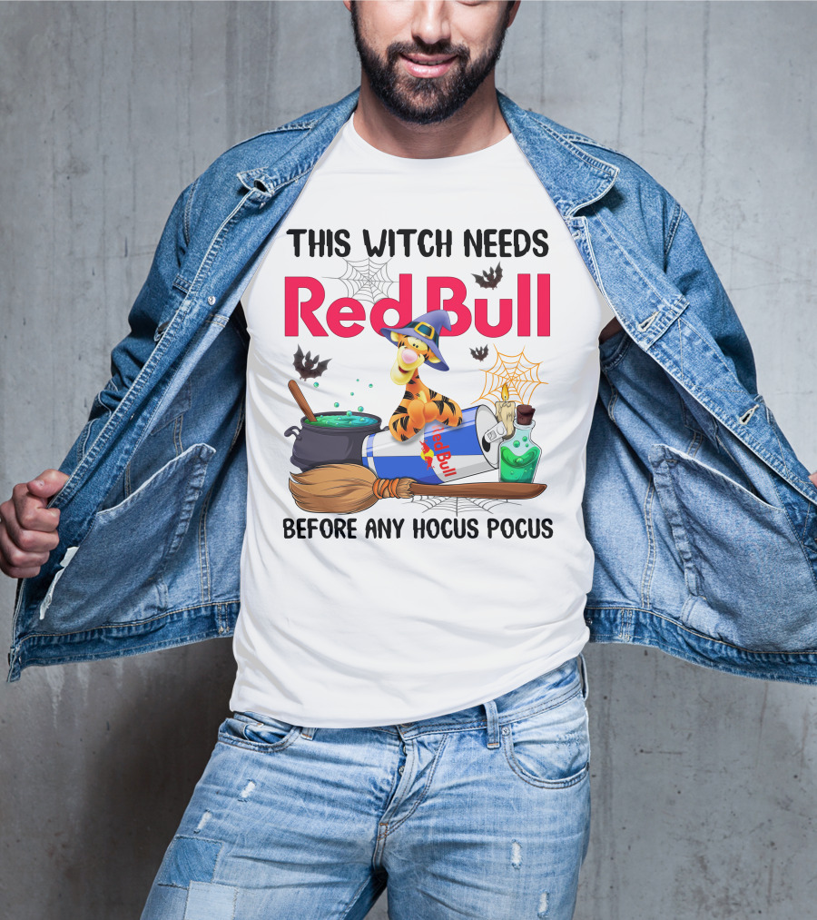 This Witch Needs Red Bull Before Any Hocus Pocus Tigger With Witch Hat And Red Bull Can T-Shirt