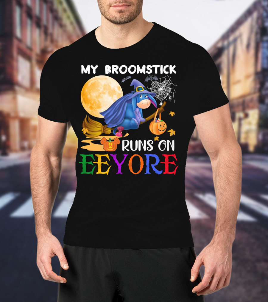 My Broomstick Runs On Eeyore Halloween Moon Bat Pumpkin T-Shirt