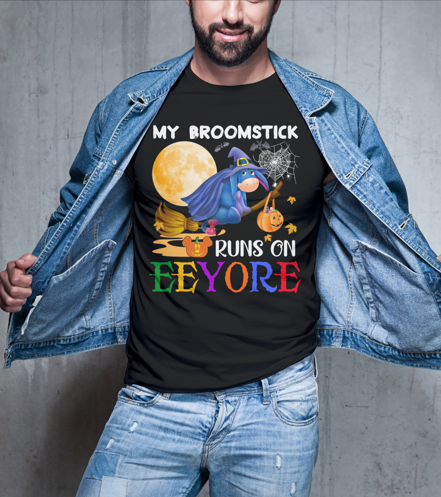 My Broomstick Runs On Eeyore Halloween Moon Bat Pumpkin T-Shirt