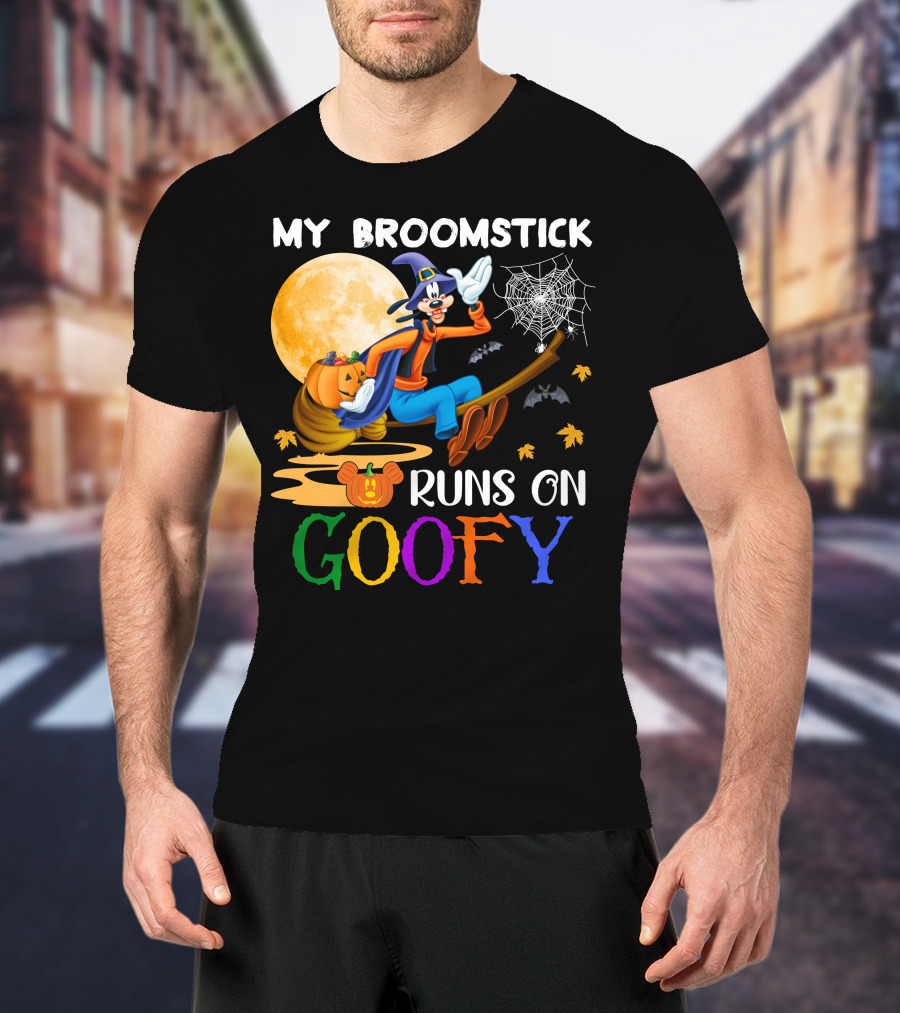 My Broomstick Runs On Goofy Halloween Moon Pumpkin Spiderweb T-Shirt
