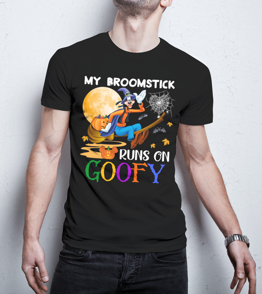 My Broomstick Runs On Goofy Halloween Moon Pumpkin Spiderweb T-Shirt