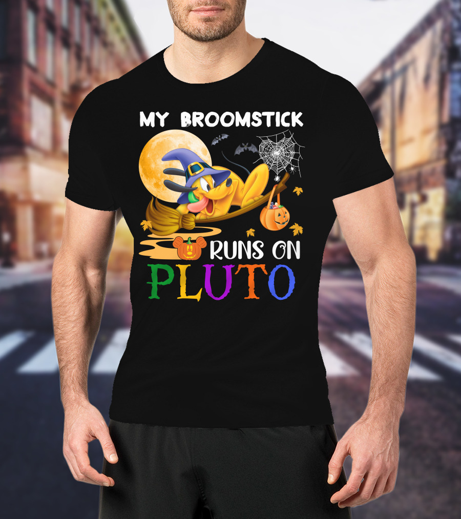 My Broomstick Runs On Pluto Halloween Moon Bats Spider Web Pumpkin T-Shirt