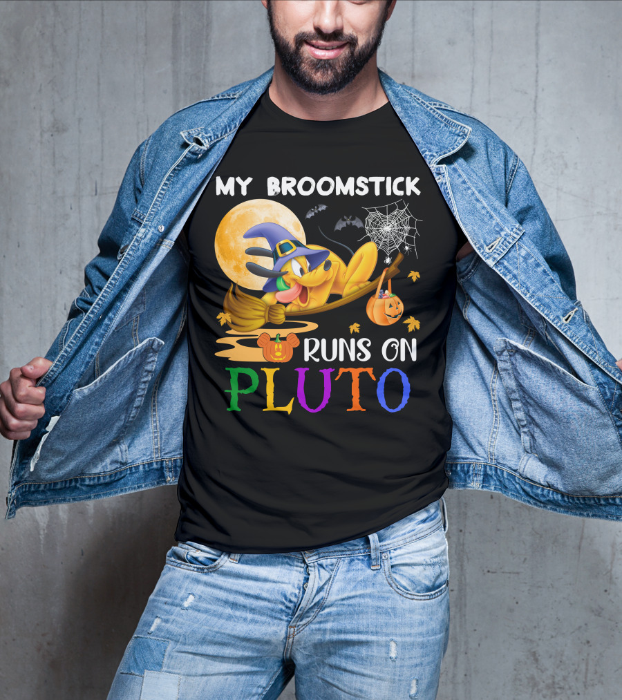 My Broomstick Runs On Pluto Halloween Moon Bats Spider Web Pumpkin T-Shirt