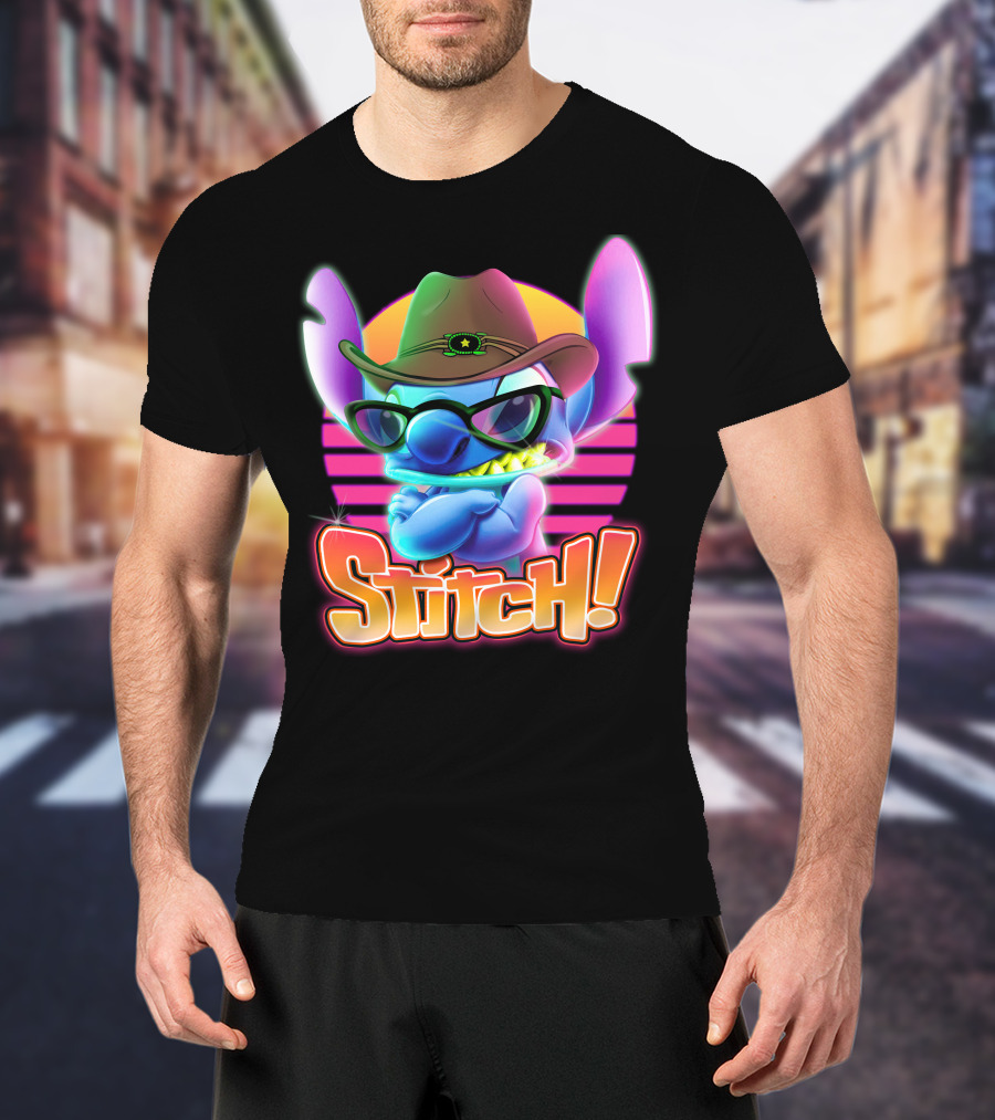 Stitch Neon Cowboy Style With Sunglasses And Retro Sunset T-Shirt