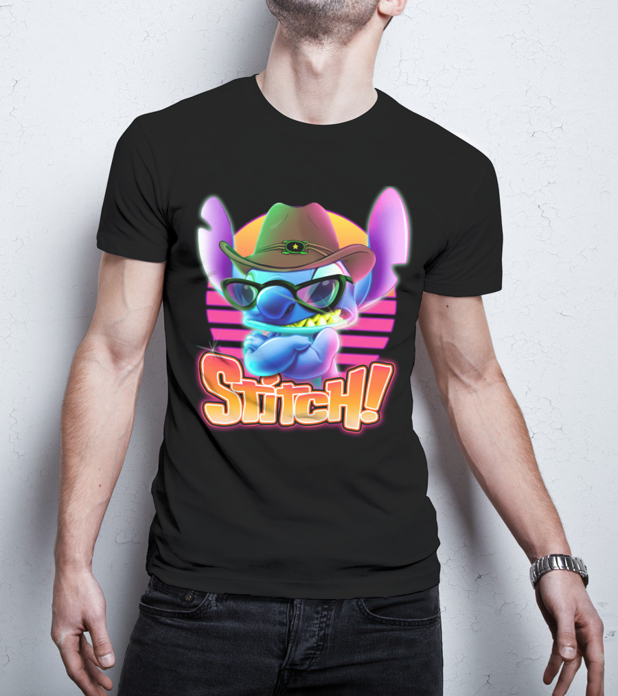Stitch Neon Cowboy Style With Sunglasses And Retro Sunset T-Shirt