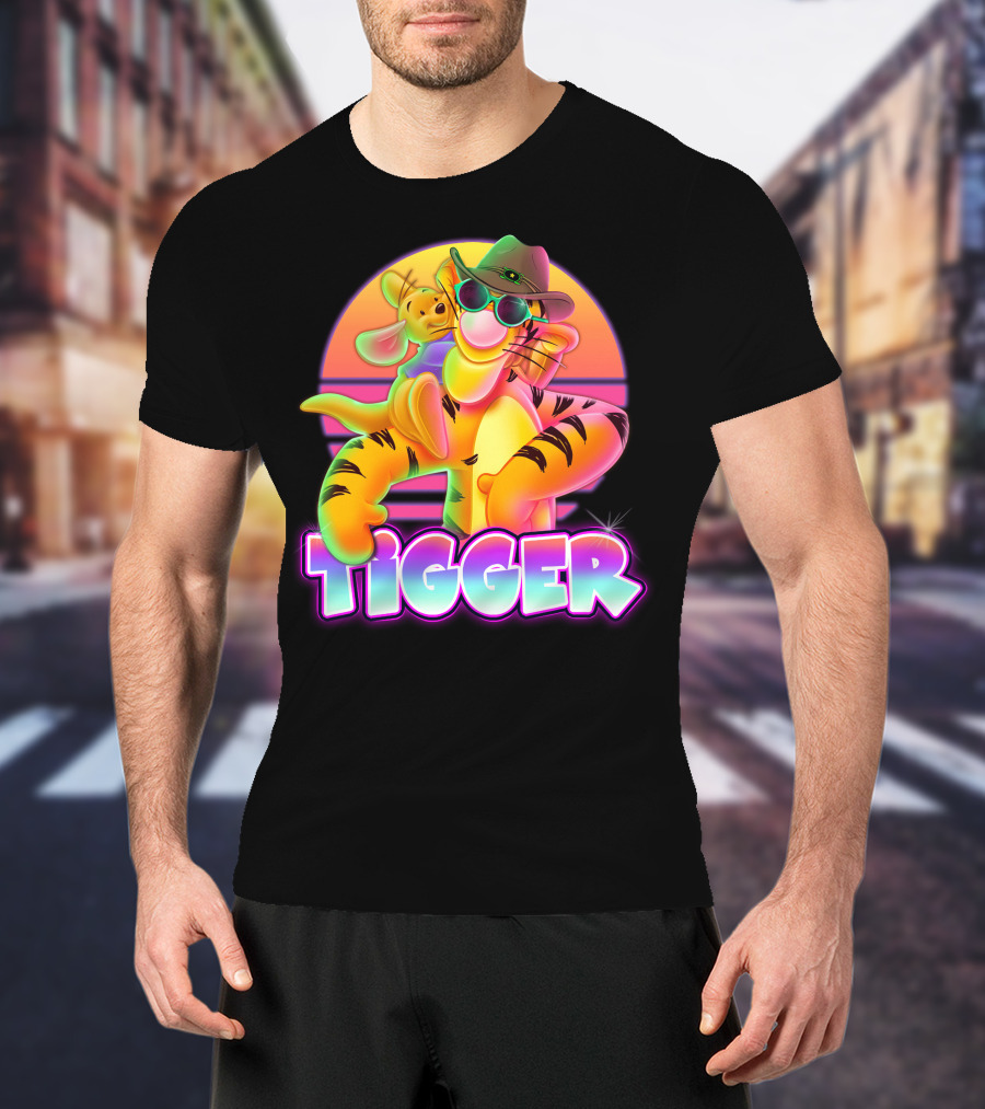 Tigger Retro Sunset Style With Piglet And Cool Hat T-Shirt