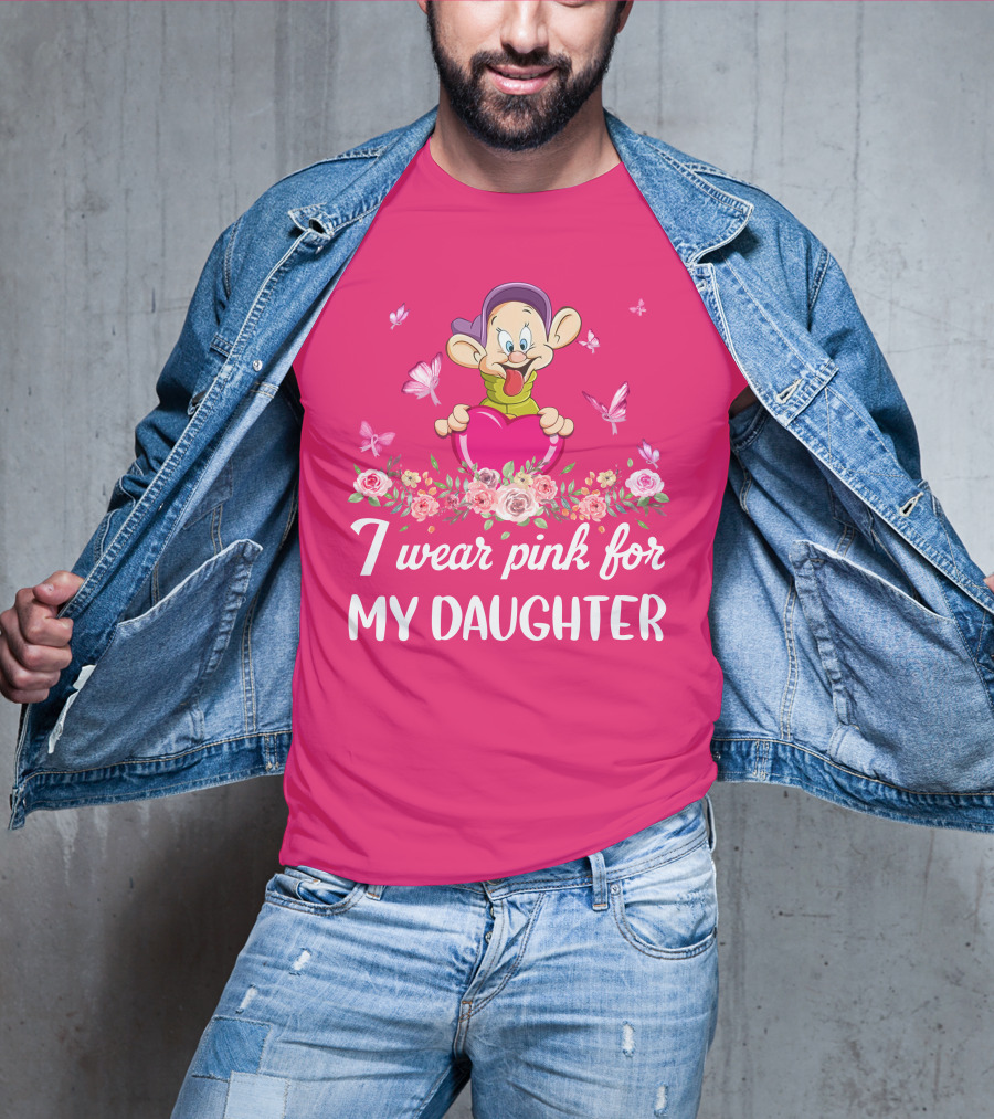 I Wear Pink For My Daughter Dopey Holding Heart With Butterflies And Flowers T-Shirt