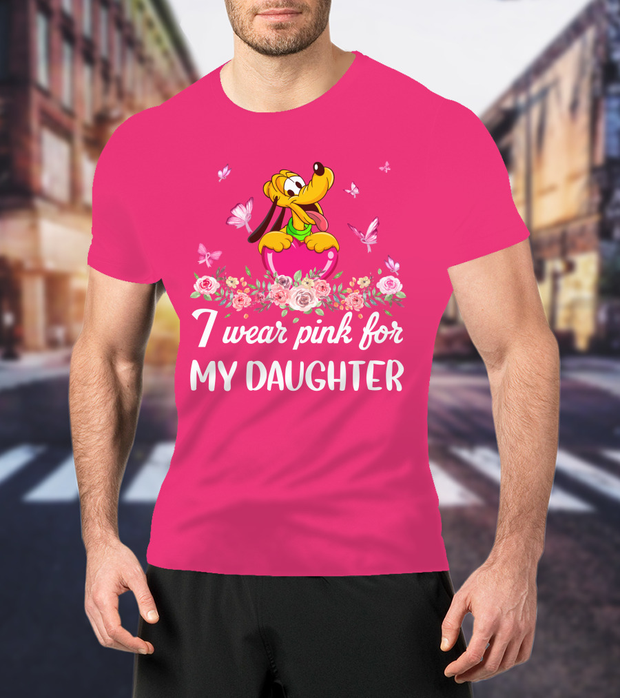 I Wear Pink For My Daughter Pluto Disney Floral Butterflies T-Shirt