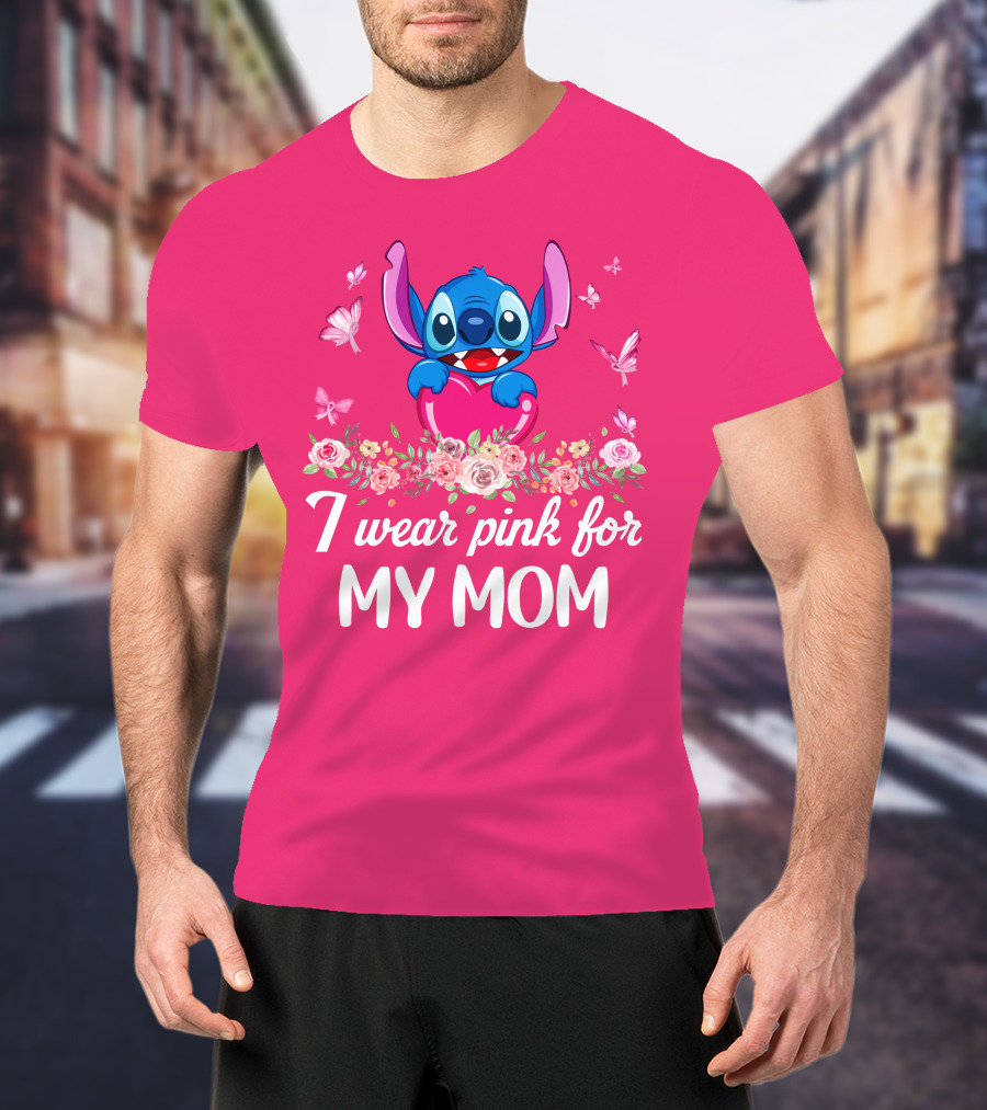I Wear Pink For My Mom Stitch Floral Butterflies T-Shirt