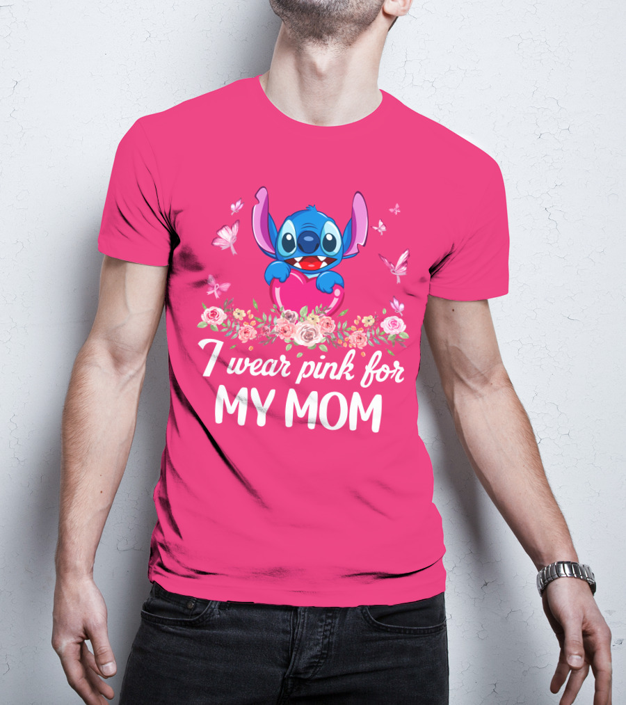 I Wear Pink For My Mom Stitch Floral Butterflies T-Shirt