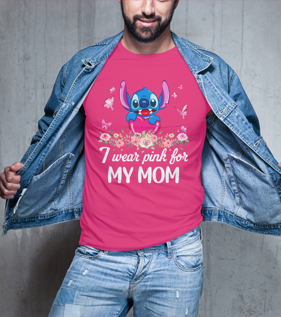 I Wear Pink For My Mom Stitch Floral Butterflies T-Shirt