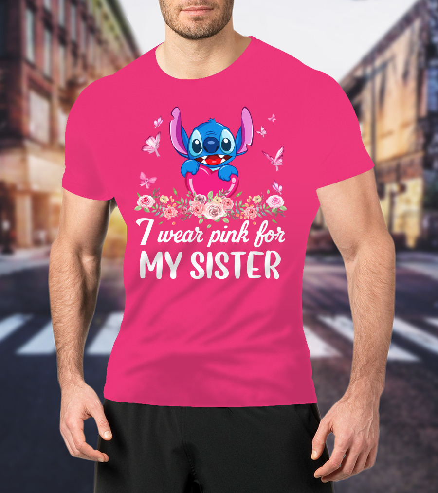 I Wear Pink For My Sister Stitch Butterfly Floral T-Shirt