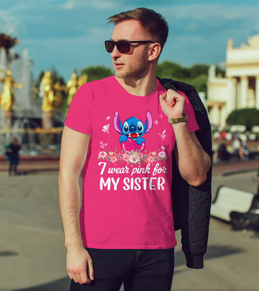 I Wear Pink For My Sister Stitch Butterfly Floral T-Shirt