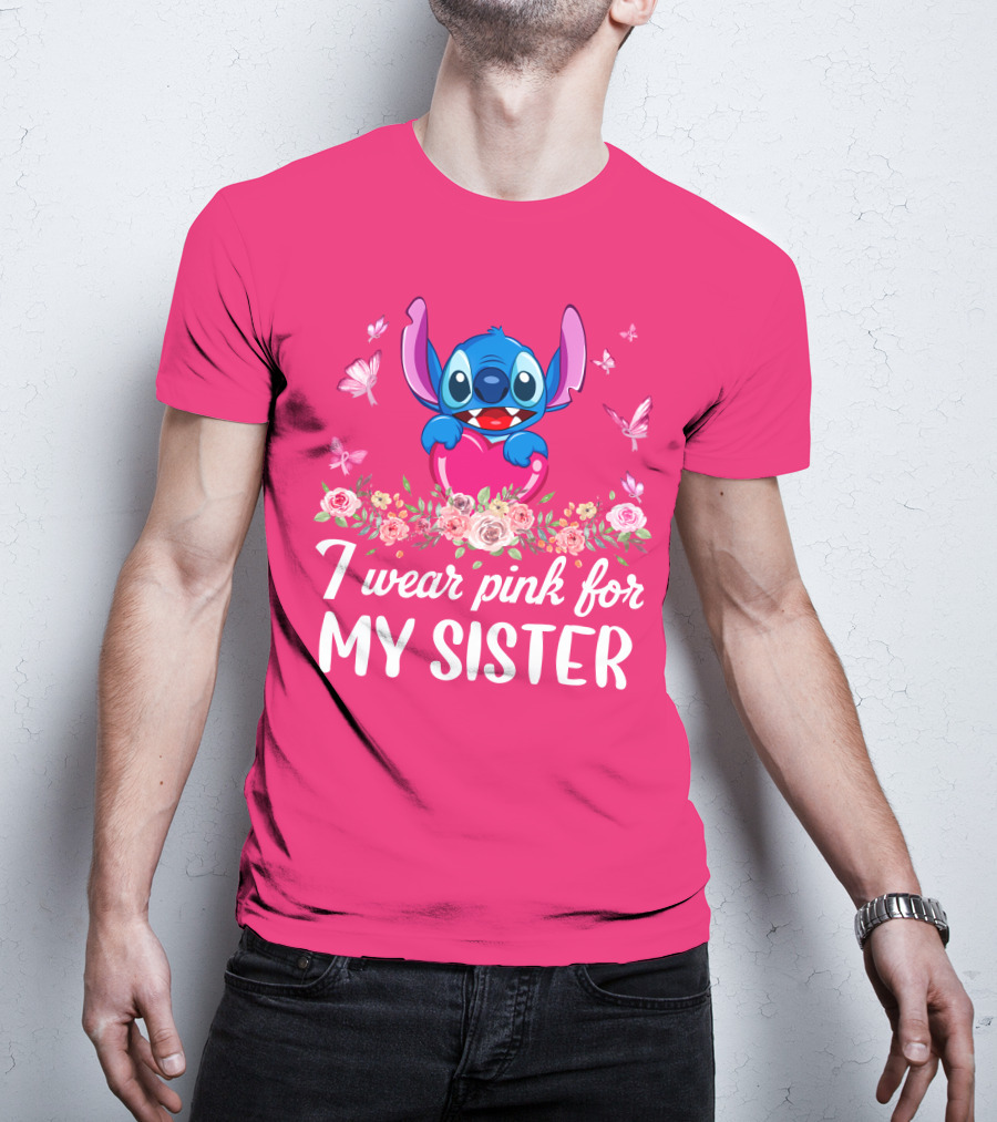 I Wear Pink For My Sister Stitch Butterfly Floral T-Shirt