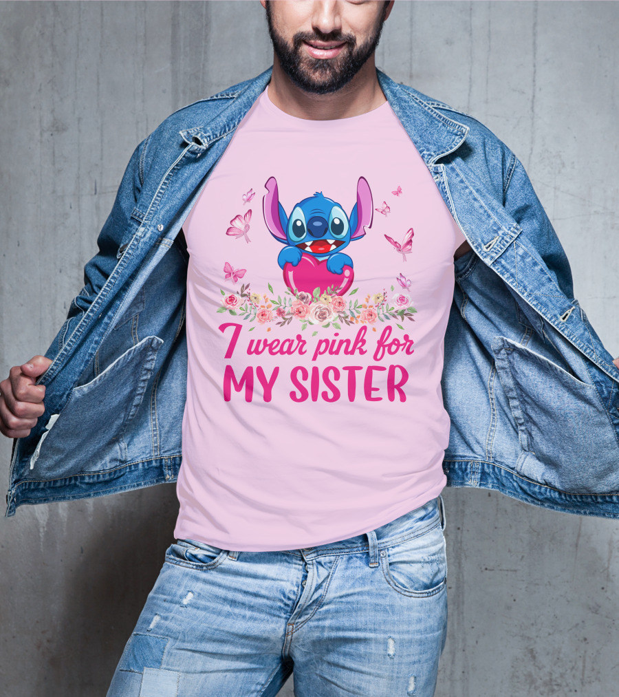I Wear Pink For My Sister Stitch Butterfly Flower Theme T-Shirt