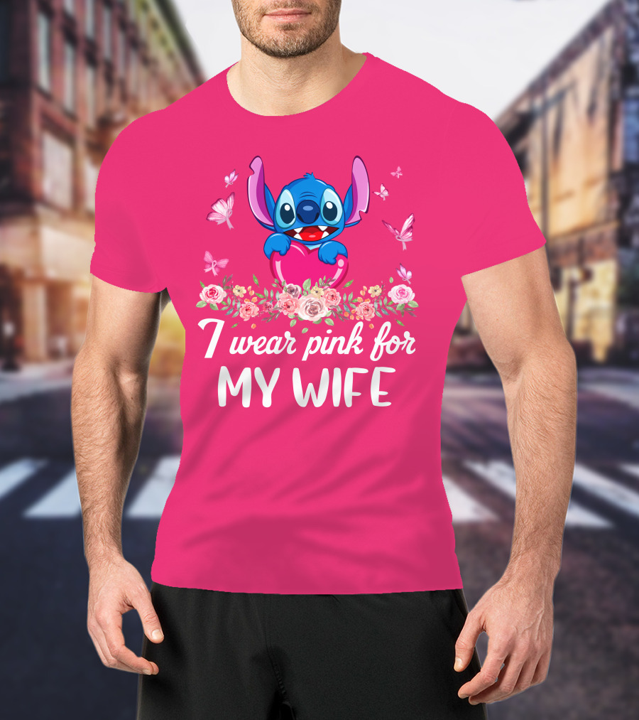 Stitch I Wear Pink For My Wife Butterfly And Floral T-Shirt