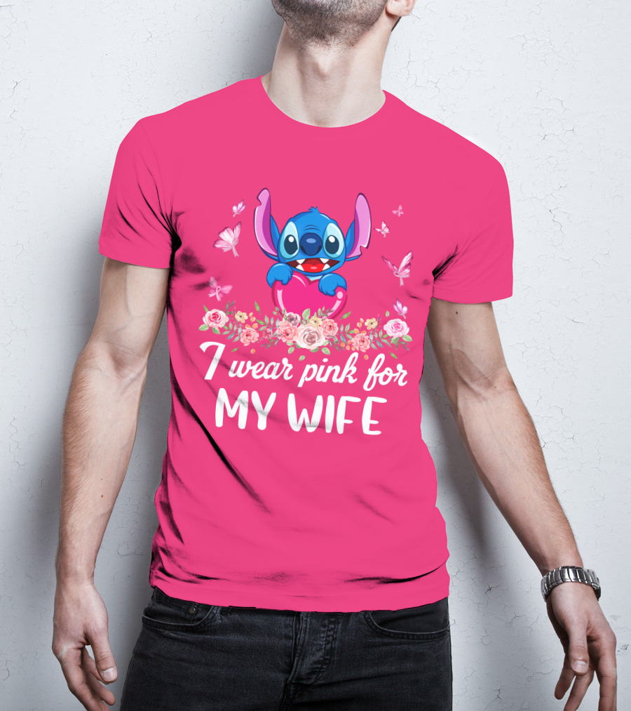 Stitch I Wear Pink For My Wife Butterfly And Floral T-Shirt