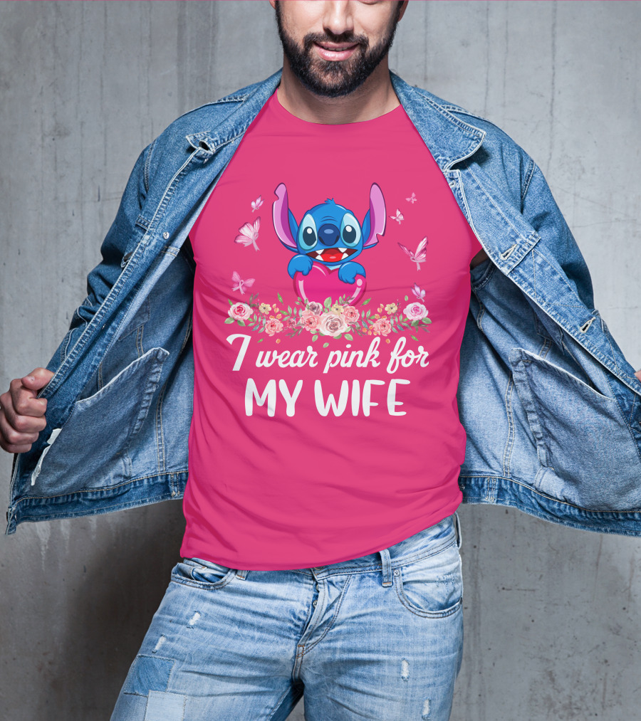 Stitch I Wear Pink For My Wife Butterfly And Floral T-Shirt