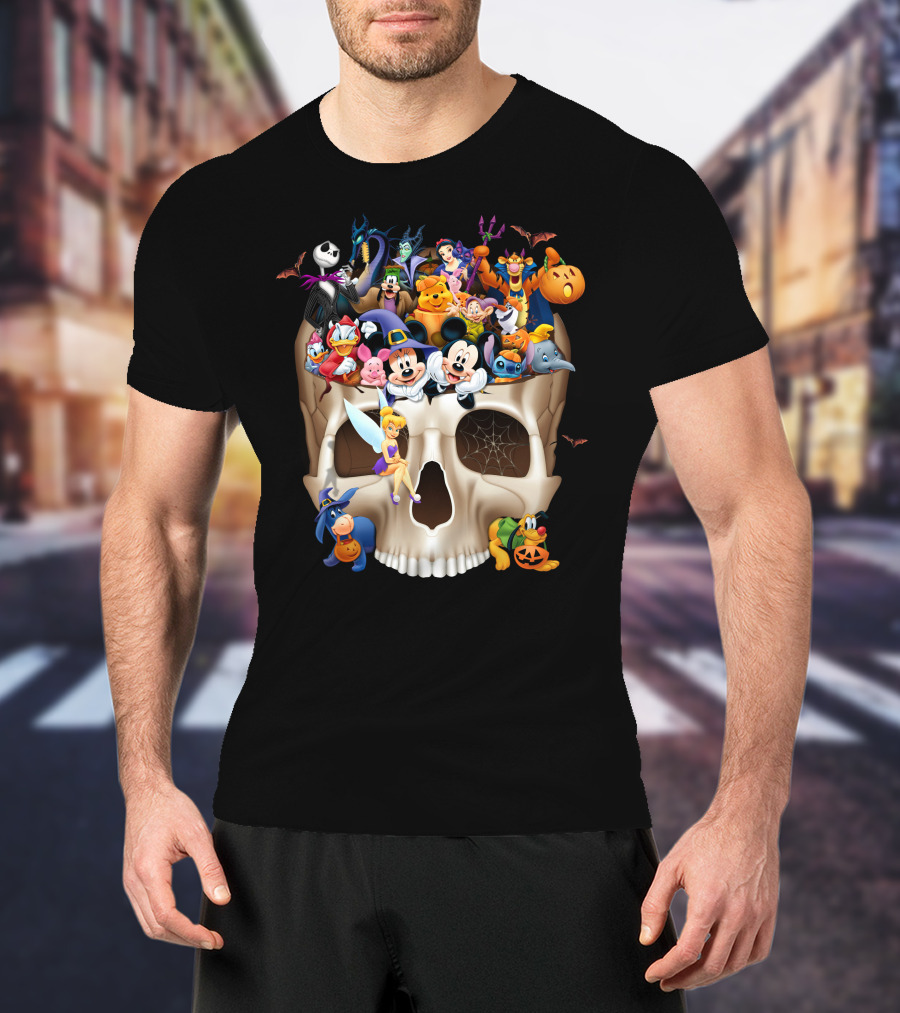 Disney Halloween Skull Characters Mickey Maleficent Jack Skellington Tinker Bell Stitch Donald Goofy T-Shirt