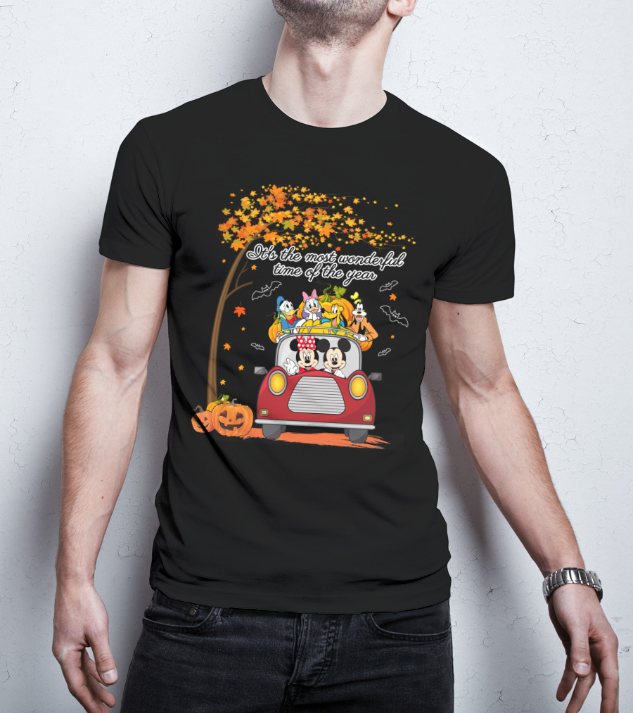 It's The Most Wonderful Time Of The Year Halloween Disney Characters In Car With Pumpkins And Leaves T-Shirt