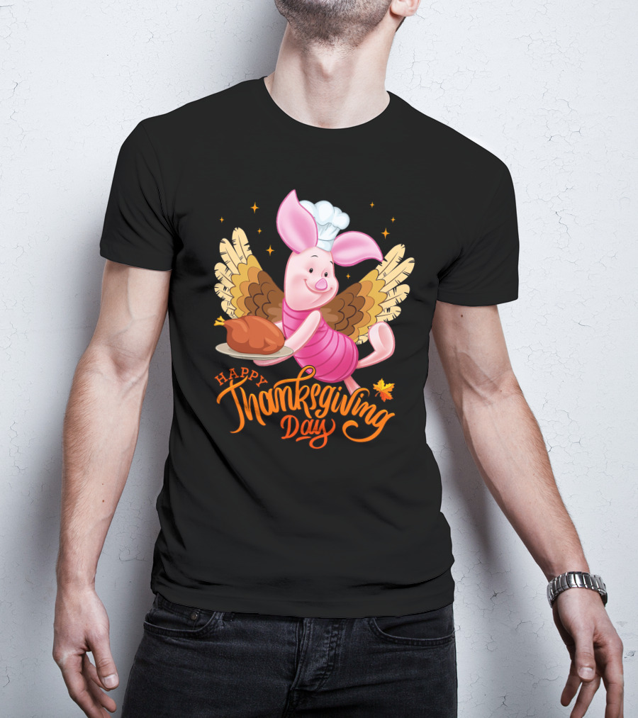 Happy Thanksgiving Day Piglet Chef With Turkey And Wings T-Shirt