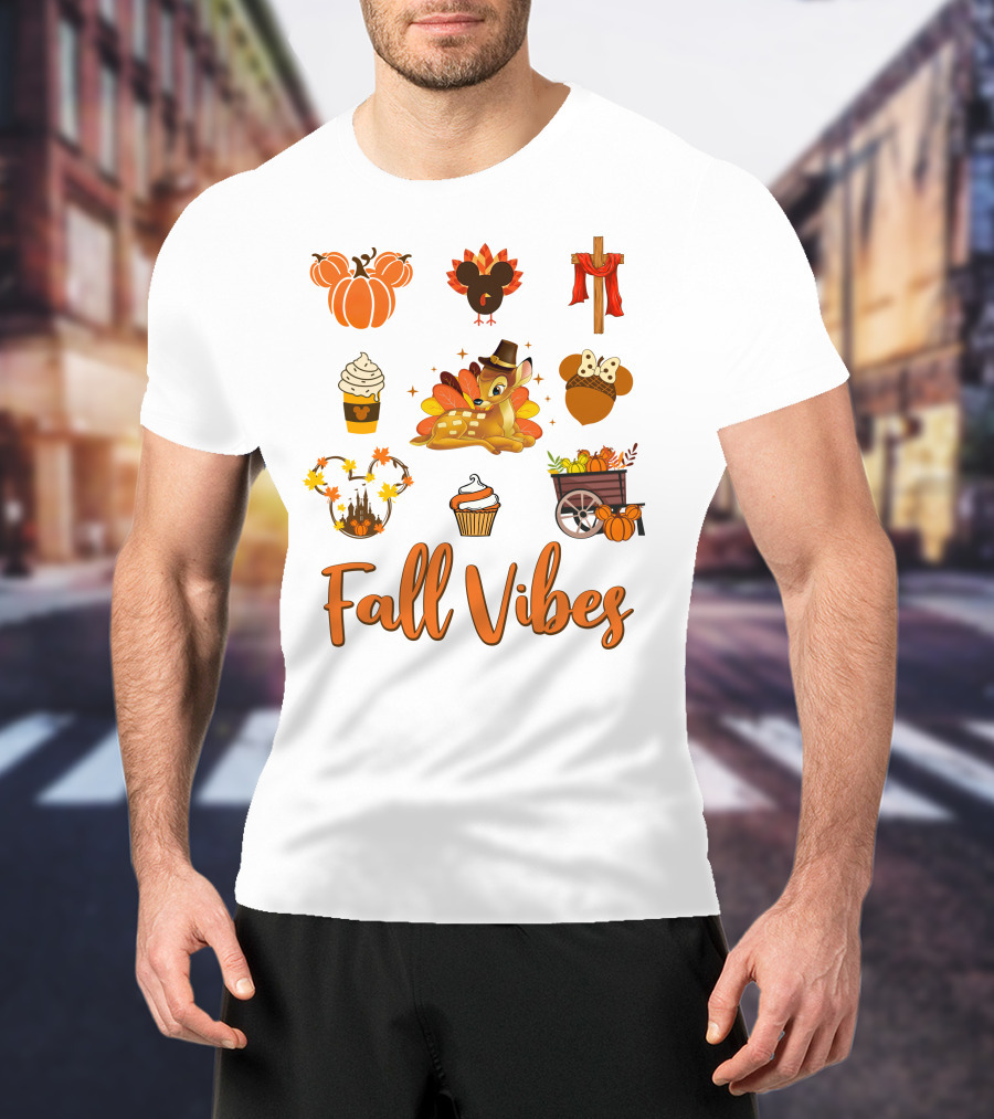 Fall Vibes Bambi Pumpkin Coffee Castle Mickey Ears Thanksgiving T-Shirt