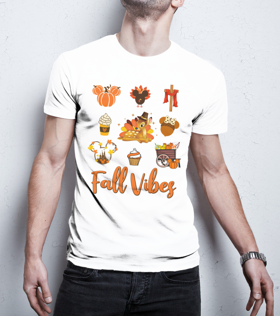 Fall Vibes Bambi Pumpkin Coffee Castle Mickey Ears Thanksgiving T-Shirt