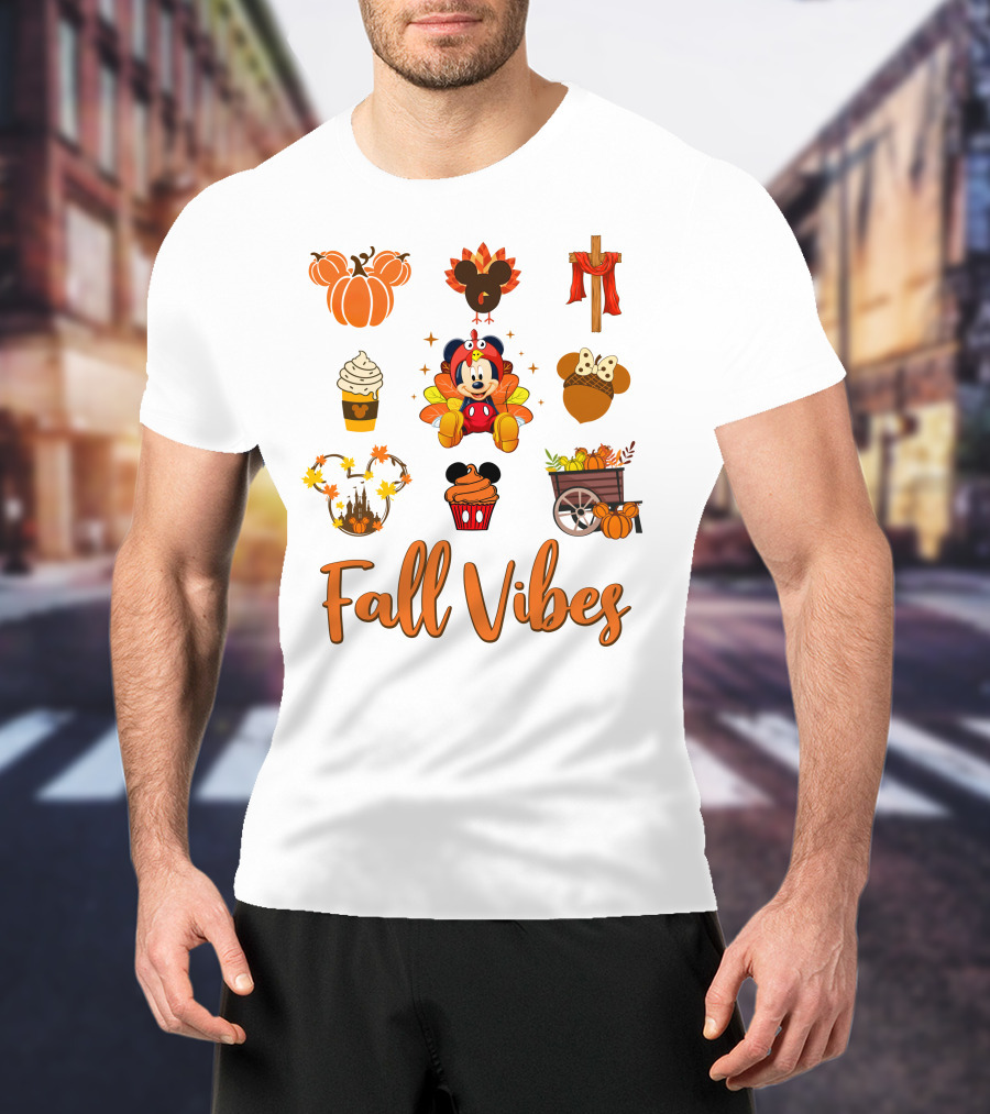 Fall Vibes Mickey Pumpkin Mouse Ears Thanksgiving Cupcake Harvest Decor T-Shirt