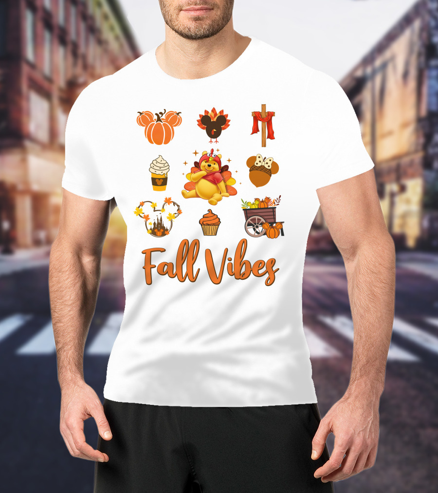 Fall Vibes Pooh Thanksgiving Pumpkin Cupcake Latte Turkey Cart T-Shirt