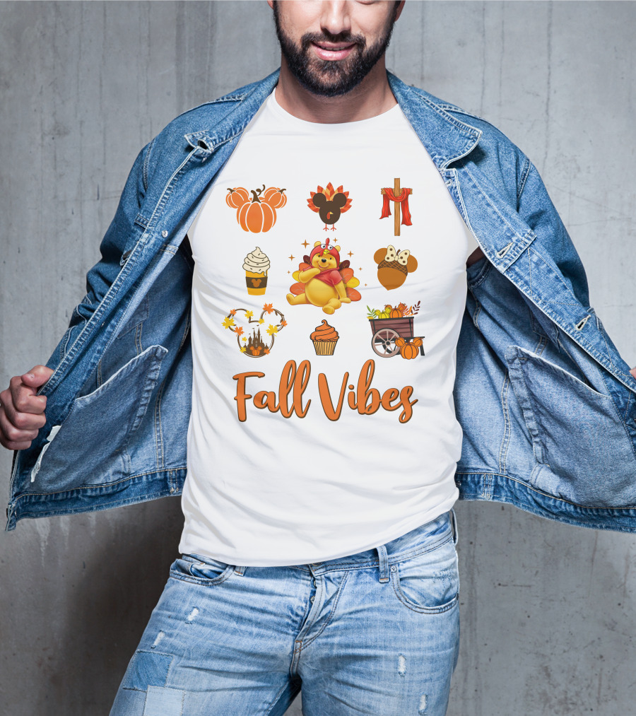 Fall Vibes Pooh Thanksgiving Pumpkin Cupcake Latte Turkey Cart T-Shirt