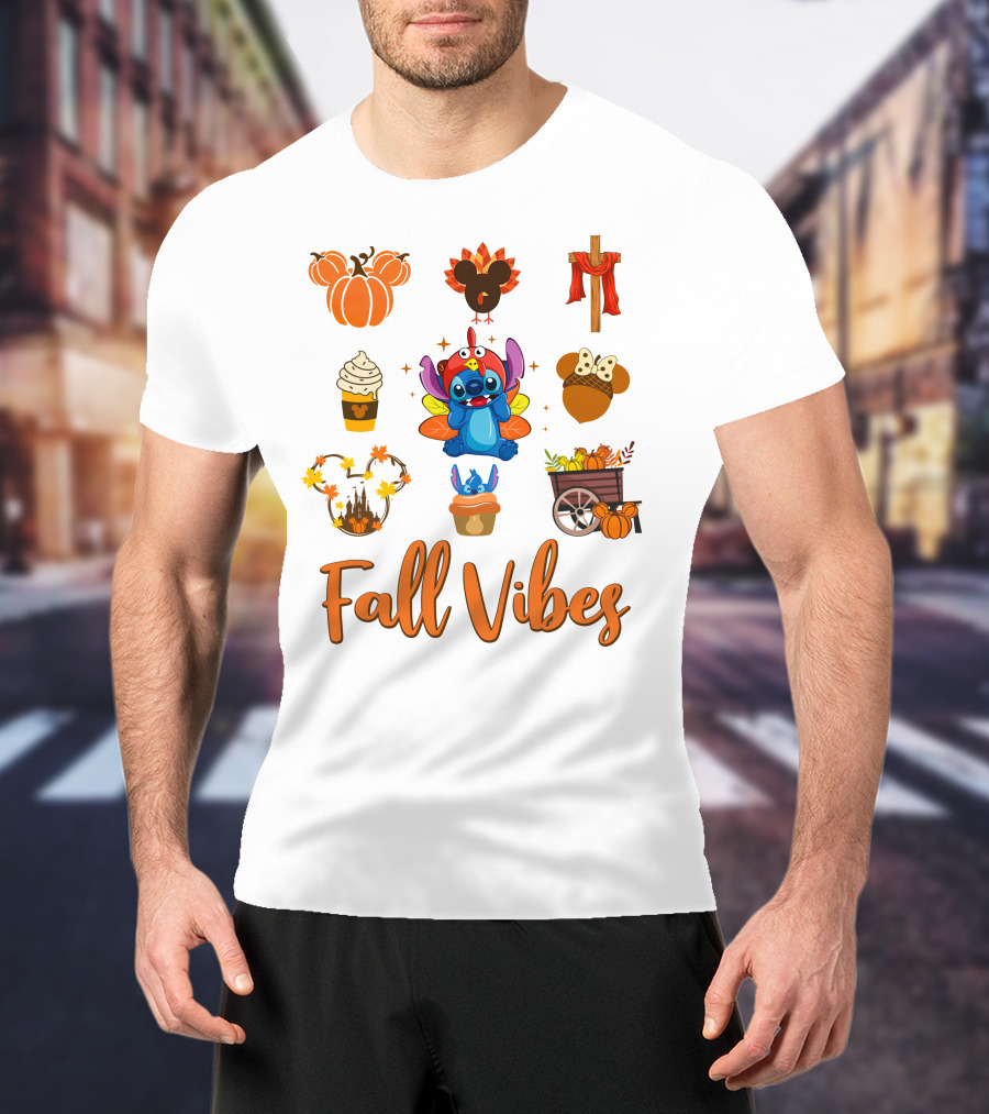 Stitch Fall Vibes Pumpkin Mickey Cupcake Autumn Cart Wagon Disney T-Shirt