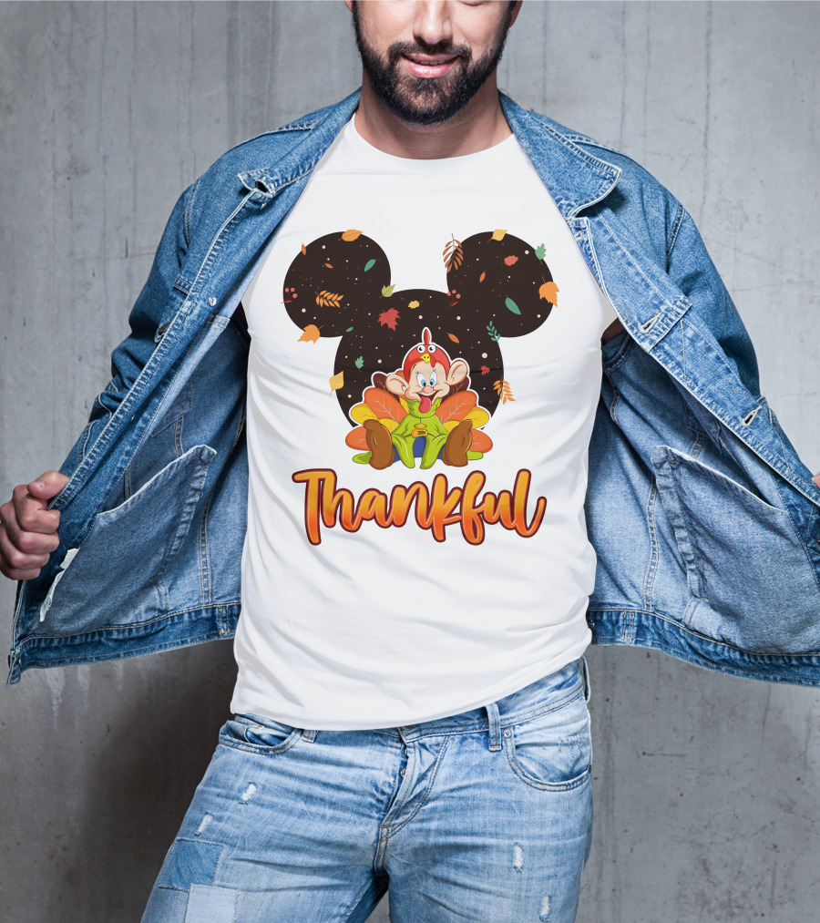 Thankful Dopey Thanksgiving Mickey Ears Fall Leaves T-Shirt