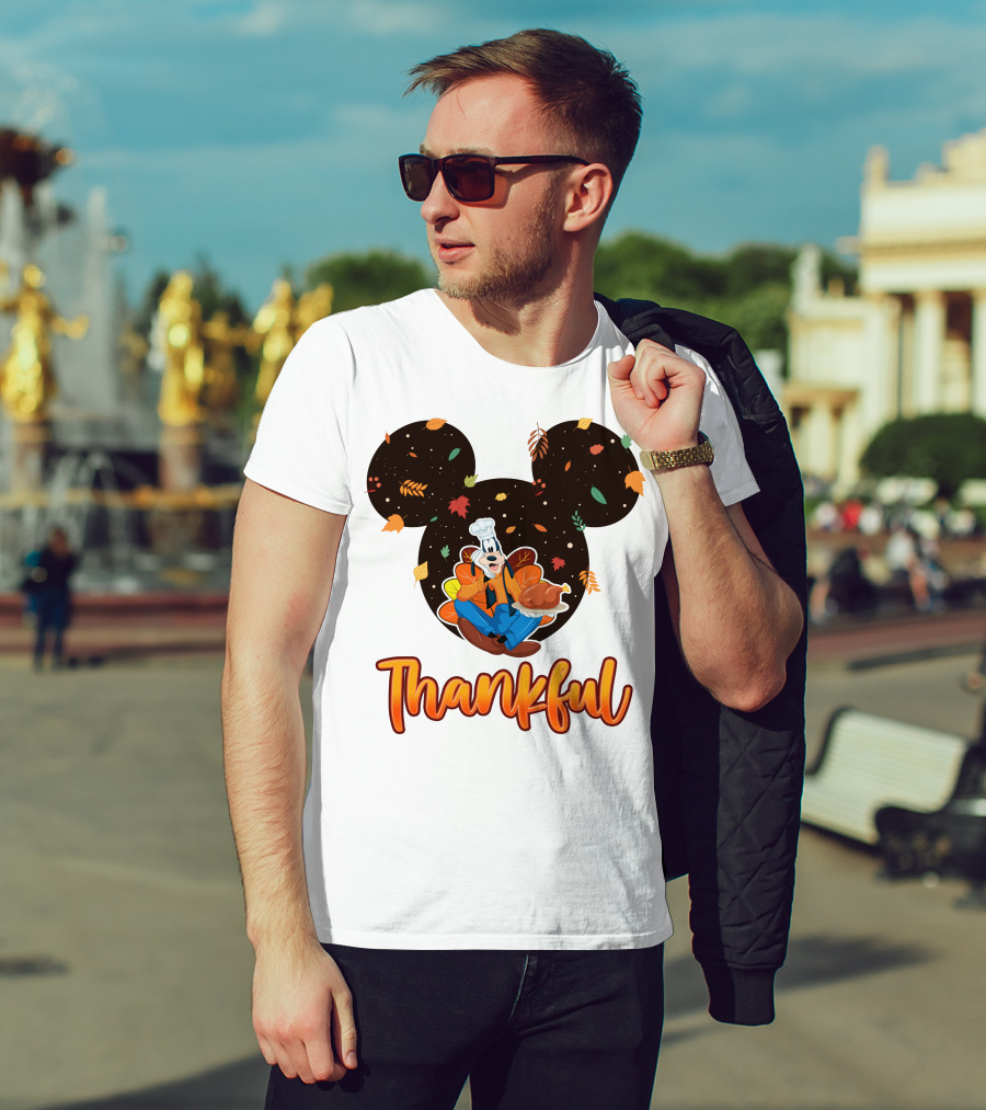 Thankful Goofy Chef With Turkey And Autumn Leaves Mickey Ears T-Shirt