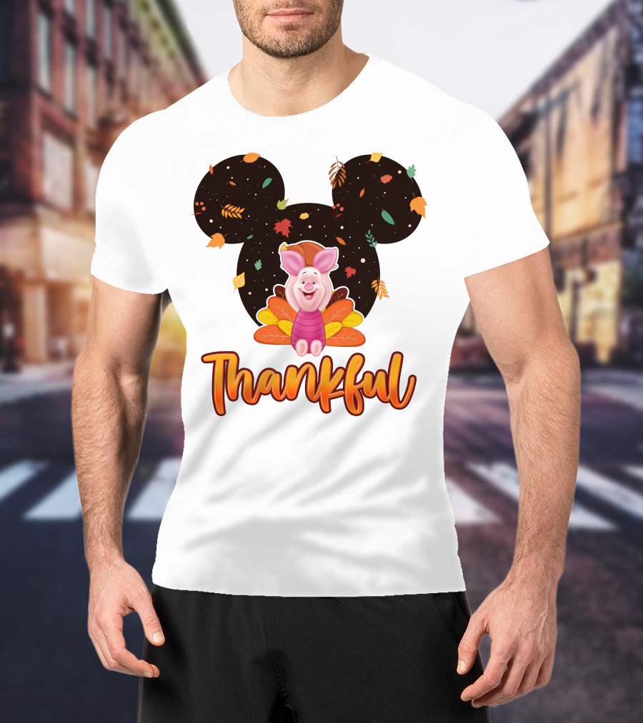 Thankful Piglet With Mickey Ears And Autumn Leaves T-Shirt