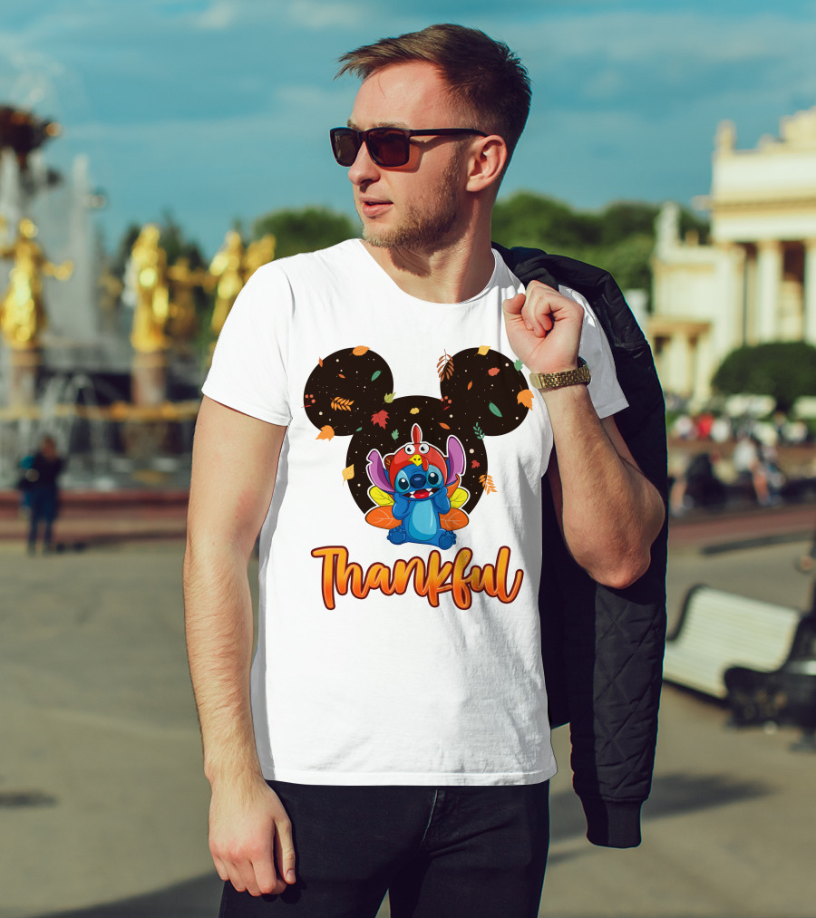 Thankful Stitch Thanksgiving Mickey Ears Autumn Leaves T-Shirt