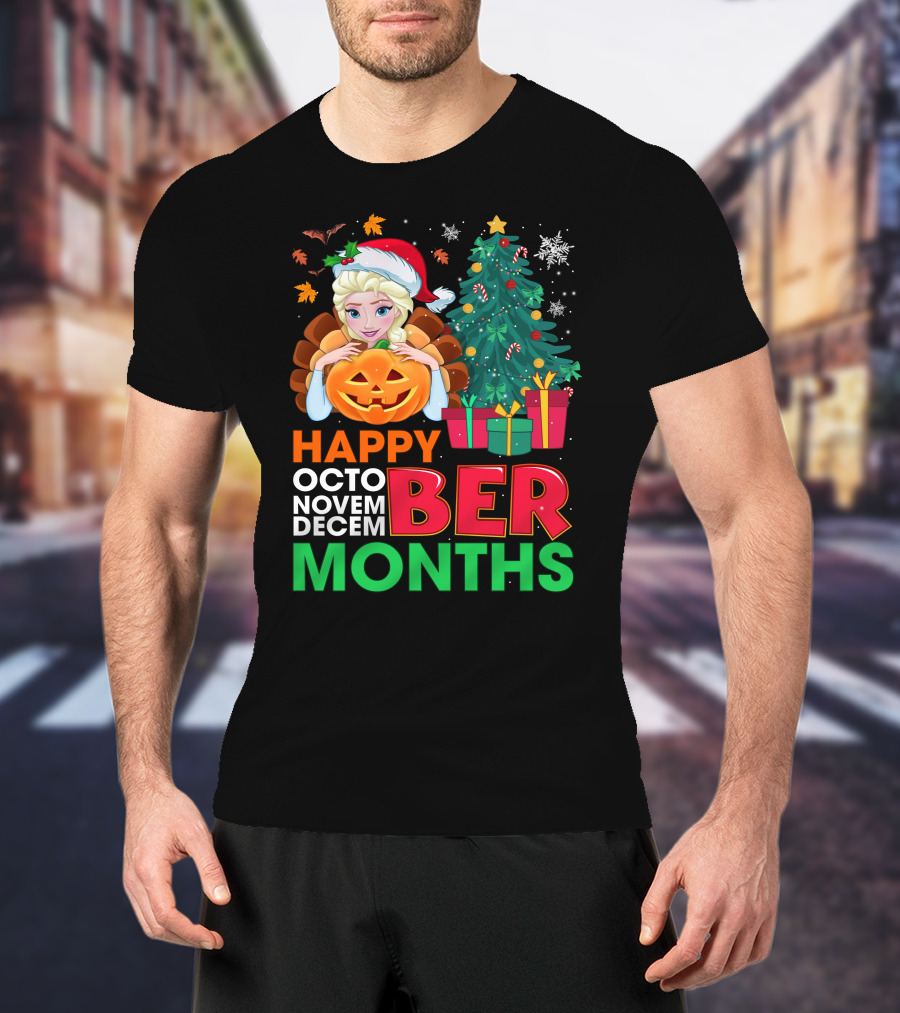 Happy Octo Novem Decem Ber Months Elsa Santa Hat Pumpkin Christmas Tree Presents T-Shirt