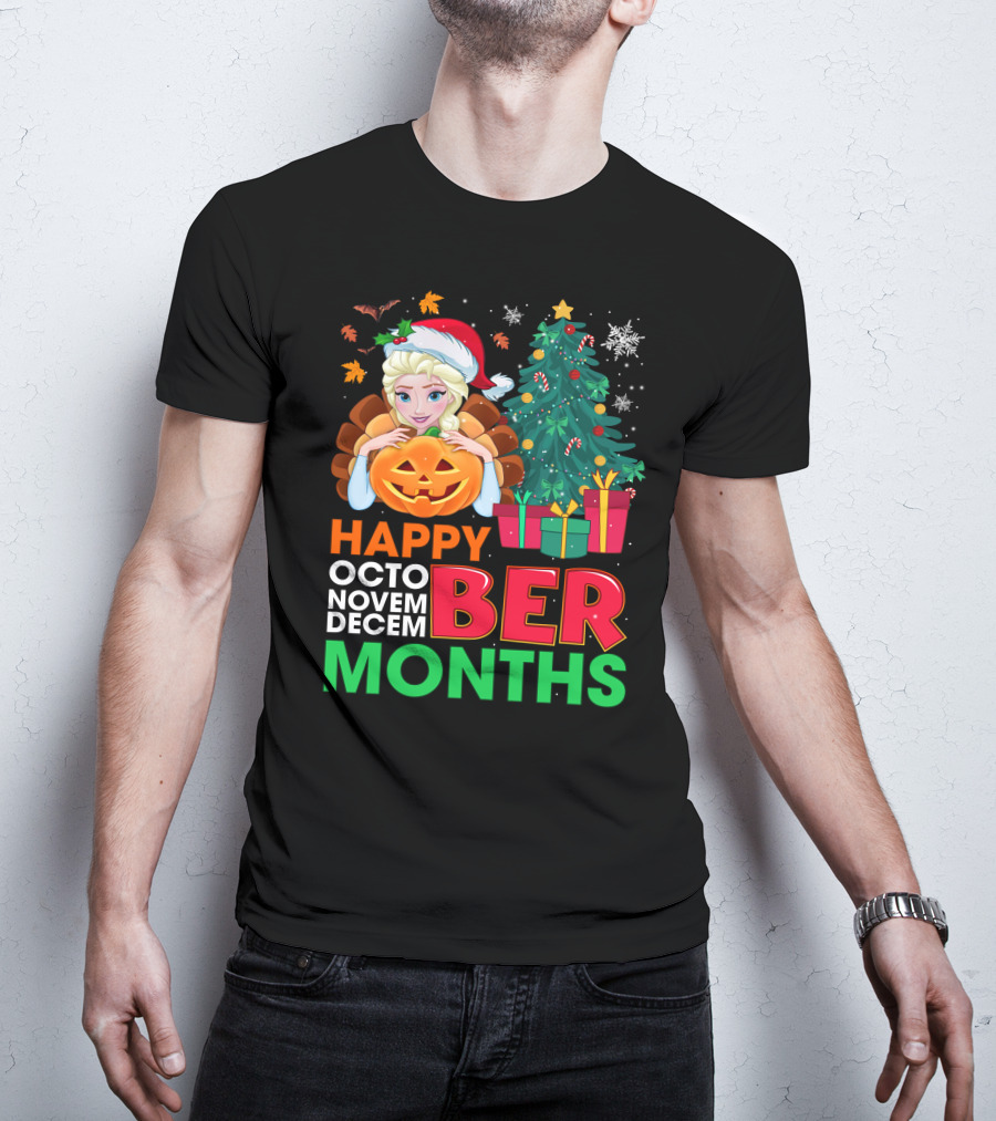 Happy Octo Novem Decem Ber Months Elsa Santa Hat Pumpkin Christmas Tree Presents T-Shirt