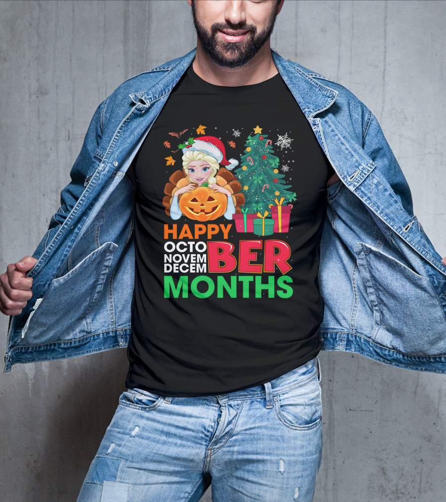 Happy Octo Novem Decem Ber Months Elsa Santa Hat Pumpkin Christmas Tree Presents T-Shirt