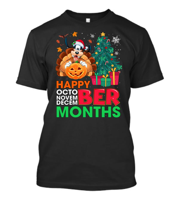 Happy Octo Novem Decem Ber Months Goofy Pumpkin Christmas Tree T-Shirt