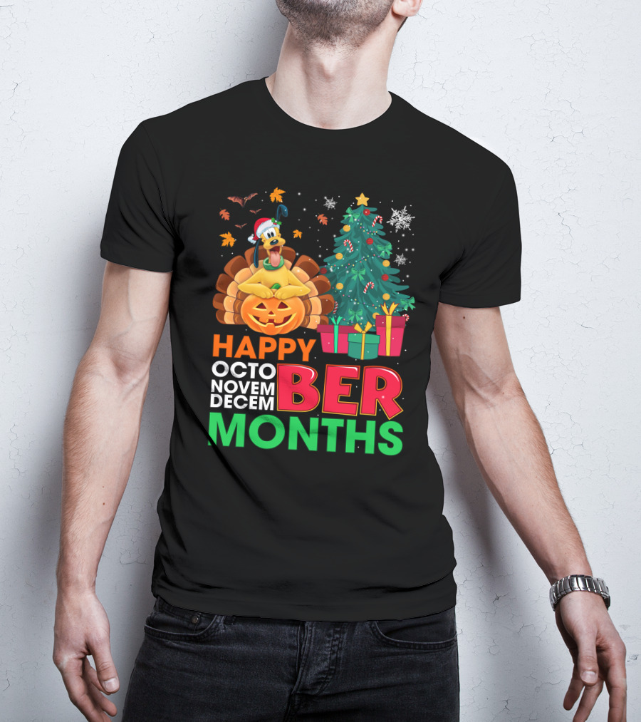 Happy Octo Novem Decem Ber Months Pluto Turkey Pumpkin Christmas Tree Presents T-Shirt