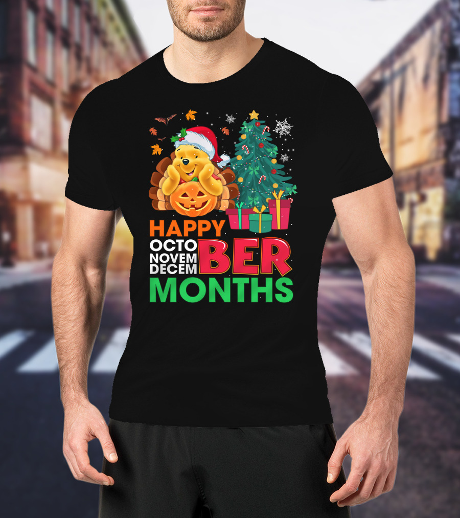Happy Octo Novem Decem Ber Months Pooh Santa Hat Pumpkin Christmas Tree Gifts Snowflakes T-Shirt