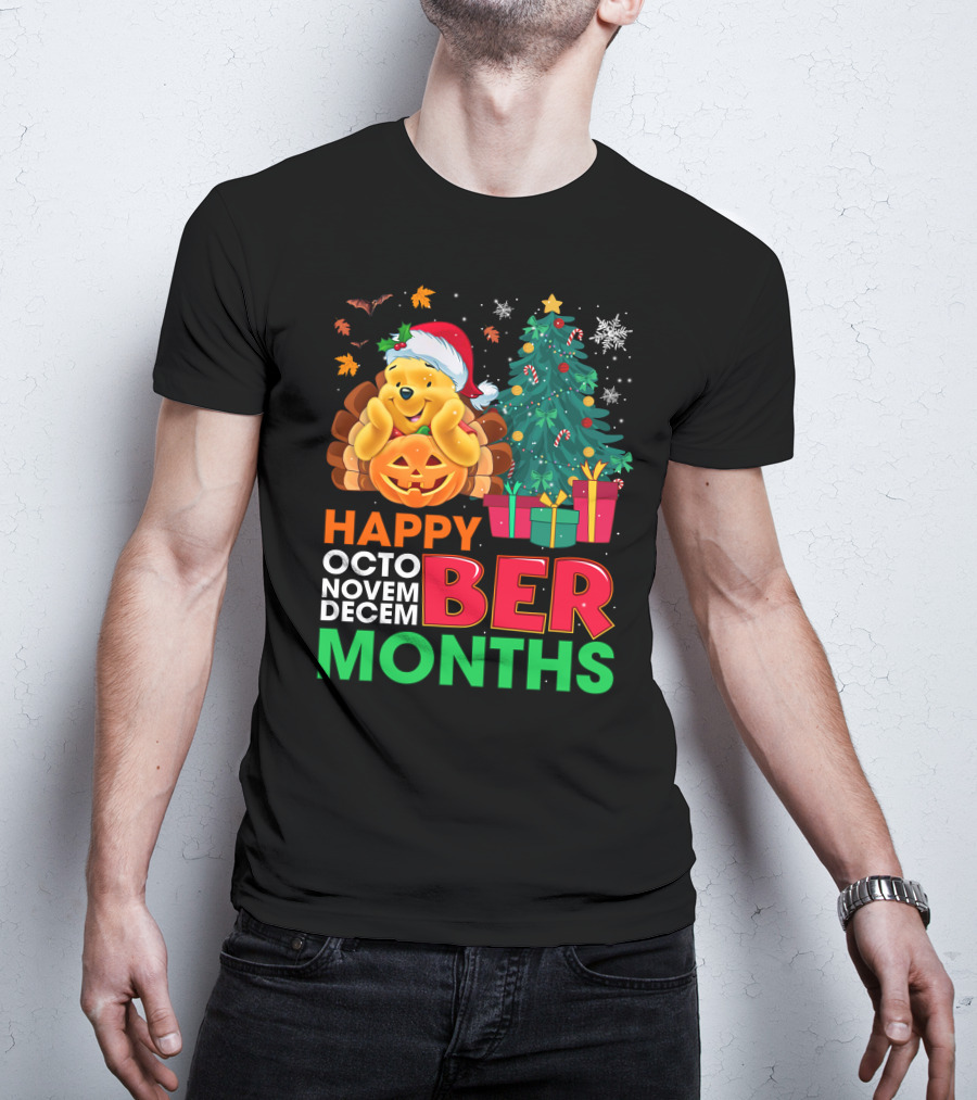 Happy Octo Novem Decem Ber Months Pooh Santa Hat Pumpkin Christmas Tree Gifts Snowflakes T-Shirt