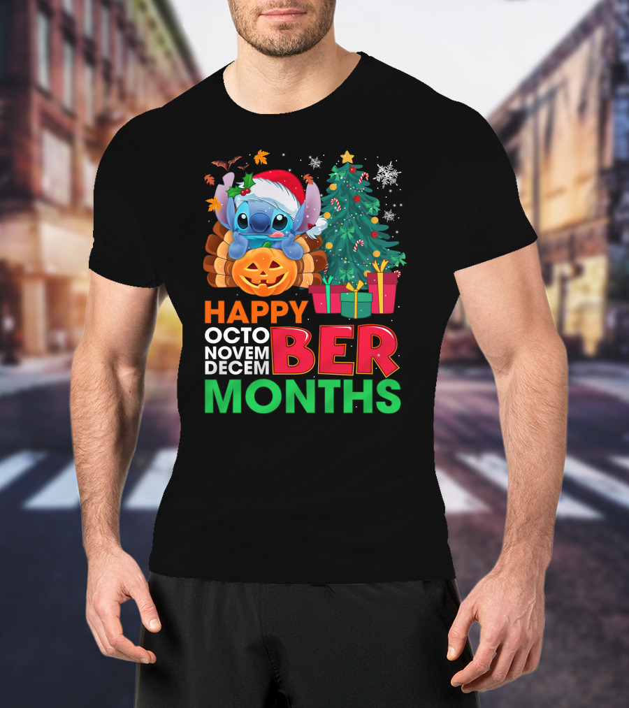 Happy Octo Novem Decem Ber Months Stitch Santa Hat Turkey Pumpkin Christmas Tree Presents T-Shirt