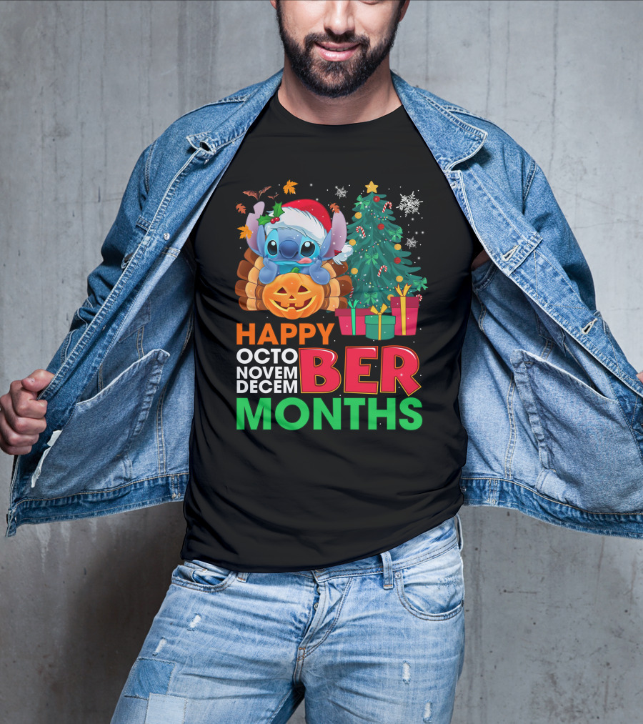 Happy Octo Novem Decem Ber Months Stitch Santa Hat Turkey Pumpkin Christmas Tree Presents T-Shirt