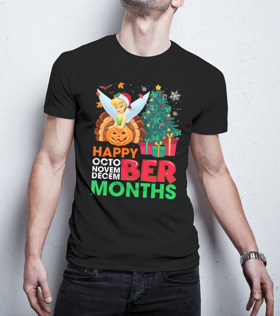 Happy Octo Novem Decem Ber Months Tinker Bell Christmas Tree Thanksgiving Pumpkin Santa Hat T-Shirt