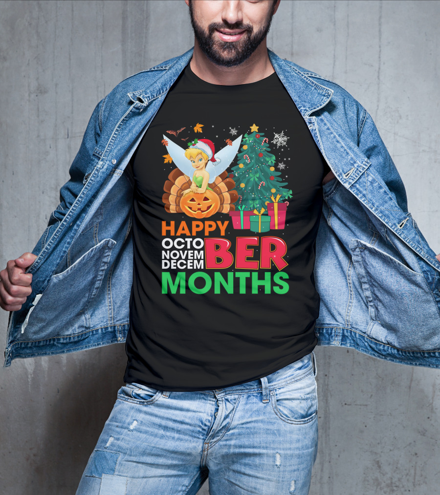 Happy Octo Novem Decem Ber Months Tinker Bell Christmas Tree Thanksgiving Pumpkin Santa Hat T-Shirt